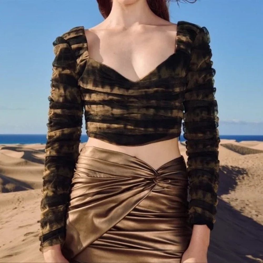Zara Corsetry Pattern Tulle Crop‎ Top Woman's Long Sleeve